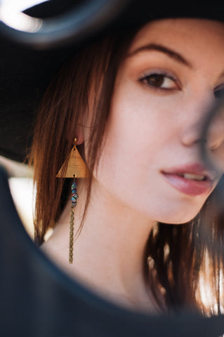 Triangels dangles earrings Geometric earrings Raw Rainbow Aura Quartz stones