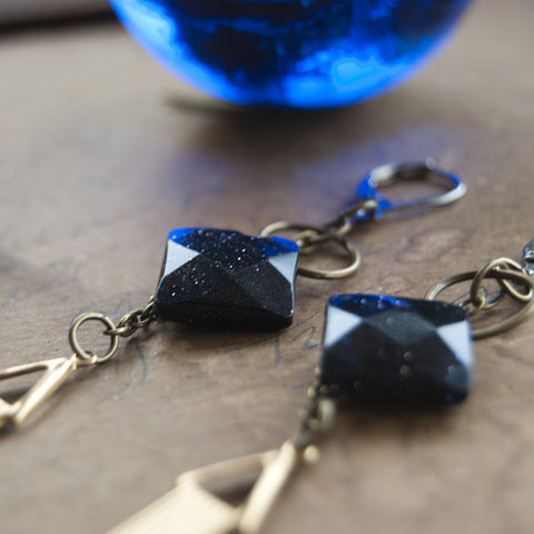 Oracle Blue Goldstone Art Deco Long Earrings