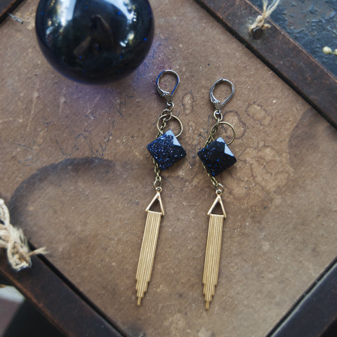 Oracle Blue Goldstone Art Deco Long Earrings