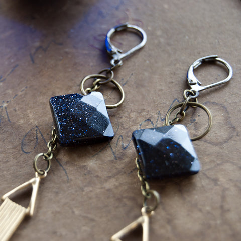 Oracle Blue Goldstone Art Deco Long Earrings