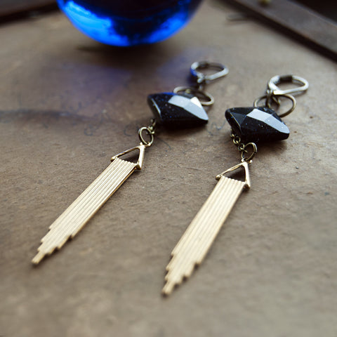 Oracle Blue Goldstone Art Deco Long Earrings