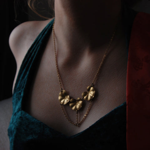 Triple Lily Pad Necklace with swooping gold chain