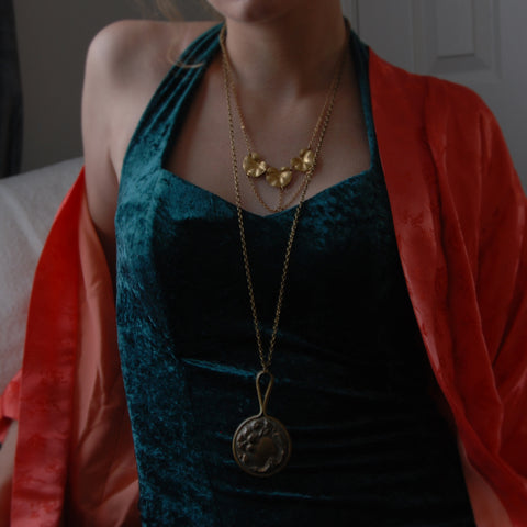 Triple Lily Pad Necklace with swooping gold chain