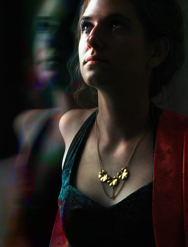 Triple Lily Pad Necklace with swooping gold chain