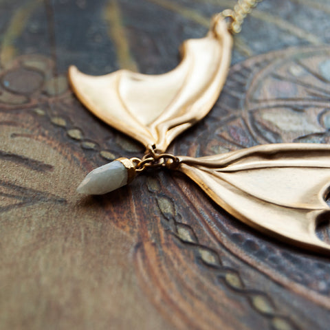 Vampire Lestat Bat Wing Necklace with Moonstone Spike on gold chain