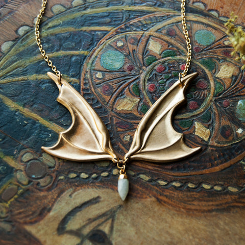 Vampire Lestat Bat Wing Necklace with Moonstone Spike on gold chain