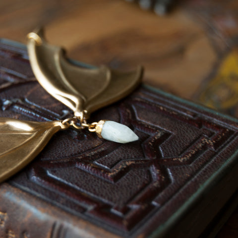 Vampire Lestat Bat Wing Necklace with Moonstone Spike on gold chain
