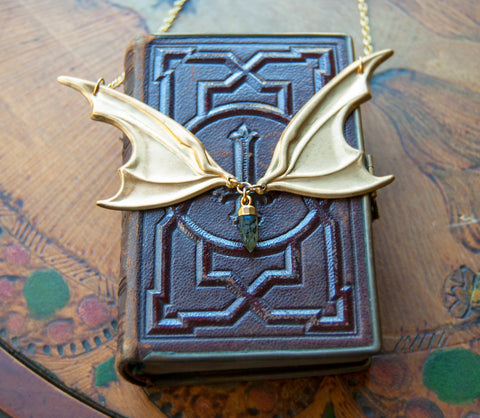 Vampire Lestat Bat Wing Necklace with Labradorite Spike on gold chain