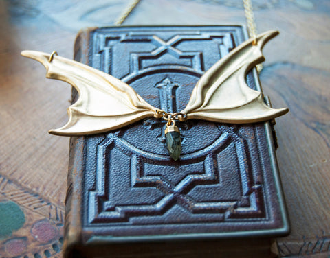 Vampire Lestat Bat Wing Necklace with Labradorite Spike on gold chain