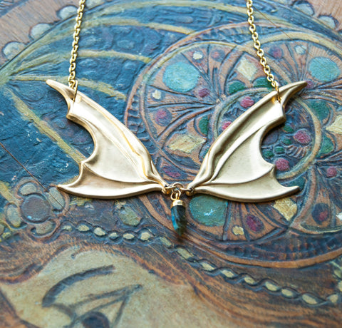 Vampire Lestat Bat Wing Necklace with Labradorite Spike on gold chain