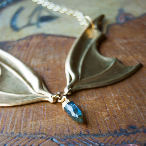 Vampire Lestat Bat Wing Necklace with Labradorite Spike on gold chain