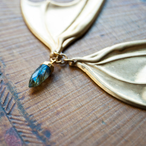 Vampire Lestat Bat Wing Necklace with Labradorite Spike on gold chain