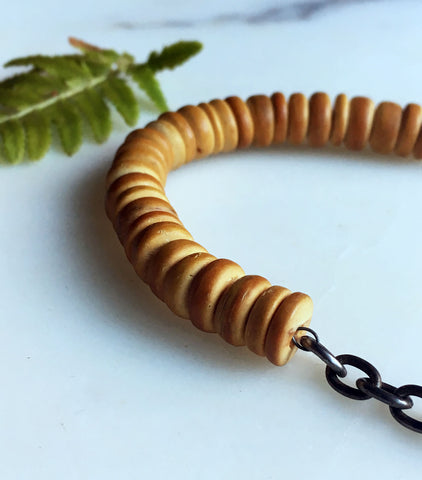 Vintage Yellow Wooden Beads with Chunky Silver Chain