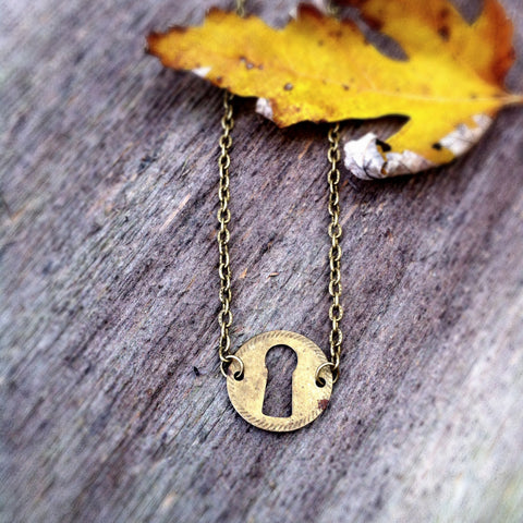 Vintage Brass Circle Keyhole Necklace