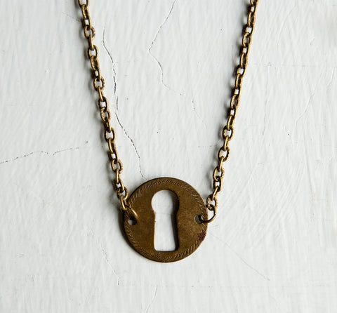 Vintage Brass Circle Keyhole Necklace